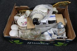 A box of Alfred Meakin tea service, assorted glass ware, JVC video camera,