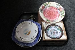 A tray of six cased silver plated butter knives, pair of shoe buckles, china to include Maling dish,