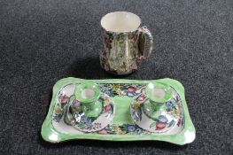 A Maling Springtime trinket tray together with two candle holders ,