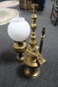 An antique brass Duplex oil lamp with glass chimney and shade together with a further Aladin oil
