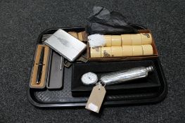 A tray of Charles Rennie Mackintosh style engraved hip flask, cigarette case, pocket watch,