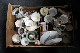 A box of antique and later china, twin handled Oriental vase, Imari wall plates and jugs,