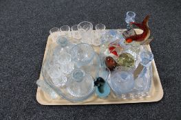 A tray of two Art Deco glass trinket sets, drinking glasses, vases,