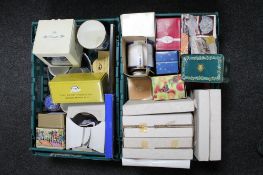 Two baskets of a large quantity of assorted china, mainly boxed; Ringtons, collector's plates,