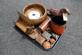 A tray of wooden items, miniature oak table box in the form of a settle, barometer, fruit bowl,