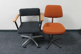 A 20th century swivel armchair together with typist chair