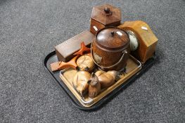 A tray of wooden tea caddy and biscuit barrel, inlaid mantel clock,