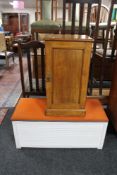 A pitch pine pot cupboard together with a mid century blanket box