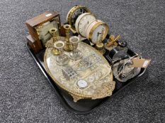 A tray of mid century alarm clocks, oak cased Art Deco clock,