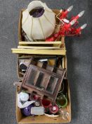 Three boxes of framed pictures, table lamps, candle holders,