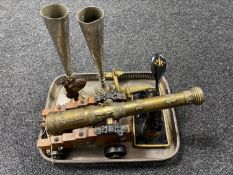 A silver plated gallery tray, brass El Tigre cannon on stand, vintage punch,