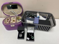 A tray of lady's watches, jewellery case of costume jewellery, silver rose ring,