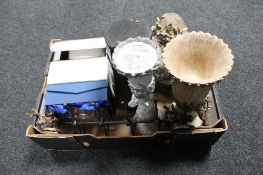 A box of contemporary mantel clocks, metal coat hooks,