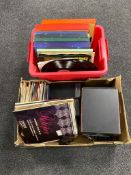 Two boxes of vinyl LP's and boxed sets, seven inch singles,