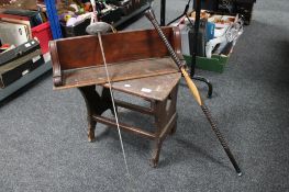 An antique pine cracket together with a mahogany wall shelf,