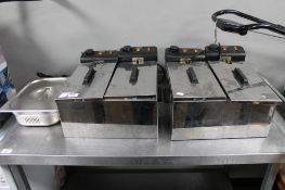 Two Princess stainless steel double fryers together with Bain marie pot with lid