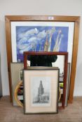 A pine framed mirror together with one other, a pine framed Barcelona framed print,