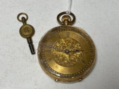 A small fob watch with 18ct gold outer case and key.