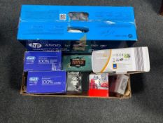 A box of two Oral B toothbrushes, HP Smart phone and tablet printer, A3 laminator,