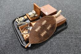 A tray of wooden boxes, bullet casings, cloisonne bowl, pill boxes,