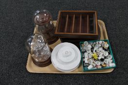 A tray of collection of china and metal thimbles,