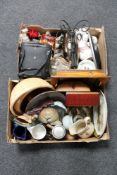Two boxes of miscellaneous china, wooden pieces, cased binoculars, battery operated wall clock,