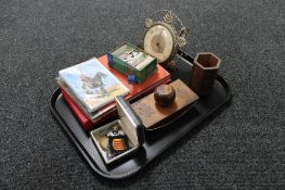 A tray of postcards, albums and stamps, mid 20th Bentima mantel clock,