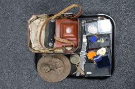 A tray of vintage cameras, crowns, gent's watches,