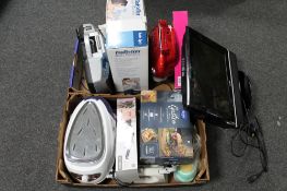 Two boxes of electrical items, Goodmans TV, steam iron system,
