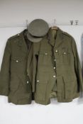 Two two-piece British Army uniforms with cap