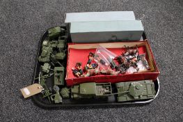 A tray of two boxed Atlas war ships, boxed vintage Britains mounted artillery with mule,