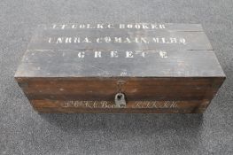 An antique military tin lined pine travel trunk named to Lt Cl. K. C.