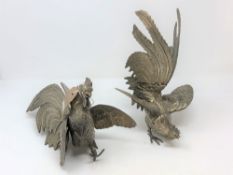 A pair of plated metal figures of cockerels, height 17cm.