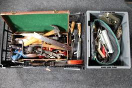 Two plastic crates containing vintage and later hand tools, draper bench vice, spirit levels,
