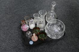 A tray of crystal decanter, cut glass bowl, more glass ware,