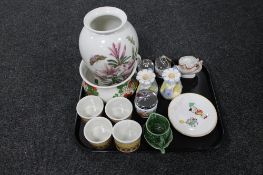 A tray of assorted china, Mabel Lucie Attwell Shelley plate, Royal Worcester egg coddlers,