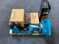 A box of Black & Decker jigsaw, Makita electrical drill, door locks,