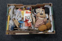 A box of vintage toys to include Mini Mouse rag doll, wooden box,
