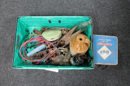 A plastic crate of vintage stoneware bottle, glass bottles, vintage shears, gas stove,