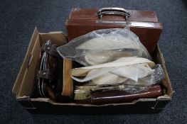 A box of sundry items to include to hats, brown leather briefcase, dressing table brush,