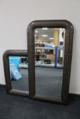 Two contemporary framed snakeskin style framed mirrors