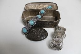 A silver embossed trinket box together with a silver compact stamped .