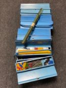 Four metal tool boxes containing vintage Meccano