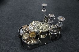 A tray of silver plated wares to include cocktail shaker,