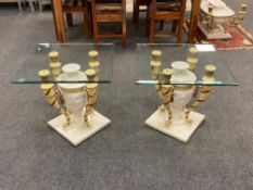 A pair of Barker and Stonehouse Grecian style lamp tables, with glass tops,