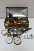 An antique tin of wrist watches and chrome cased pocket watches
