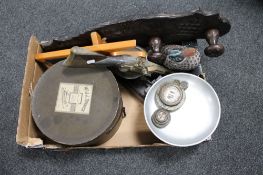 A box of ornamental flintlock, carved wooden coat rack, duck, set of scales,