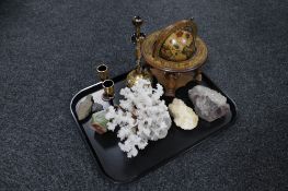 A tray of a large piece of coral, gilded coloured glass, miniature desk globe,