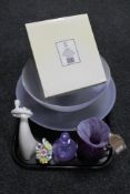 A tray of Alum Bay purple glass jug, Caithness perfume bottle, Portmeirion glass dish,