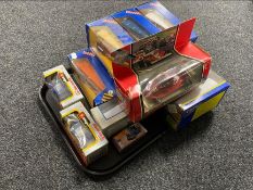 A tray of ten boxed Corgi die cast buses together with four other boxed die cast vehicles